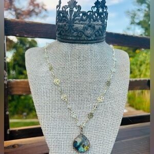 Elegant Gold Framed Rose 19” Necklace on framed Labradorite Tear Cut Pendant